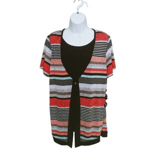Marie Claire  Faux Cardigan Striped Top Red Black Aqua Gray L